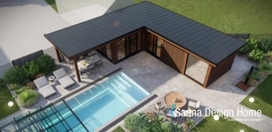 Pohľad zhora na vonkajší saunový domček Pohľad zhora na vonkajší saunový domček